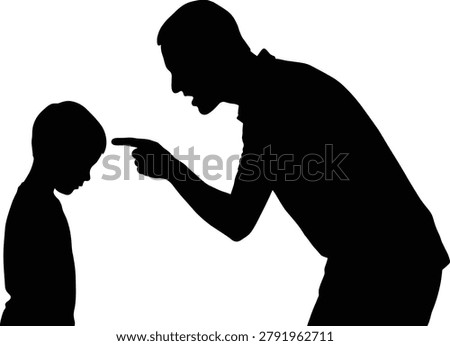 Angry father lecturing and pointing finger at his guilty son black silhouette icon isolated on plain white background for parenting and family conflict design templates
