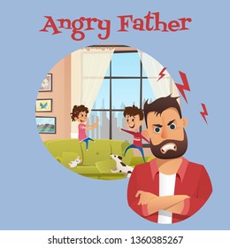 Angry Father Look After Playing Children Banner. Annoyed Dad Character with Clenched Teeth. Naughty Playful Boy and Girl Making Mess in Living Room. Flat Cartoon Vector Illustration