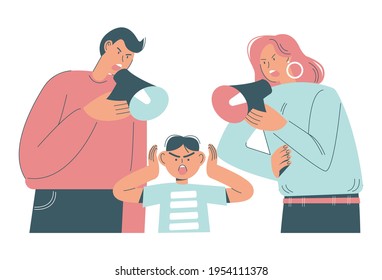 Angry Father And Mother Screaming Through Megaphones Scolding His Son, Flat Vector Illustration. Parent And Child Conflict, Relationship.