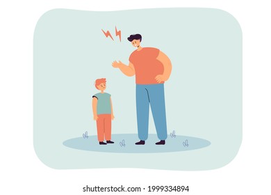 Angry father punishing sad little son. Flat vector illustration. Parent bringing up child, strictly warning, setting rules of conduct. Parenting, family conflict, abuse, relationship concept