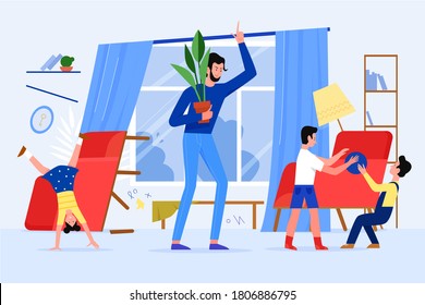 Angry father scold children vector illustration. Cartoon flat stressed dad parent character scolding naughty kids, making mess at home living room. Stress of parenthood, fatherhood problem background