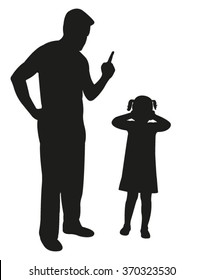 angry father scolding his daughter pointing finger, silhouette vector