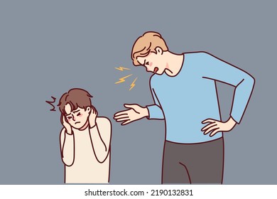 Angry father scream scold small unhappy kid covering ears from aggression. Mad aggressive parent lecture shout at unhappy little son, avoiding domestic violence. Vector illustration. 