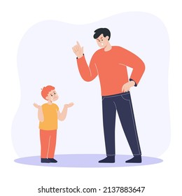 Angry father screaming at crying son flat vector illustration. Dad punishing sad kid for breaking rules or bad behavior. Parent having conflict with child. Abuse, relationship concept