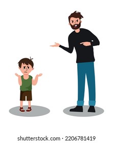 Angry father screaming at crying son flat vector illustration. Dad punishing sad kid for breaking rules or bad behavior. Parent having conflict with child. Abuse, relationship concept.