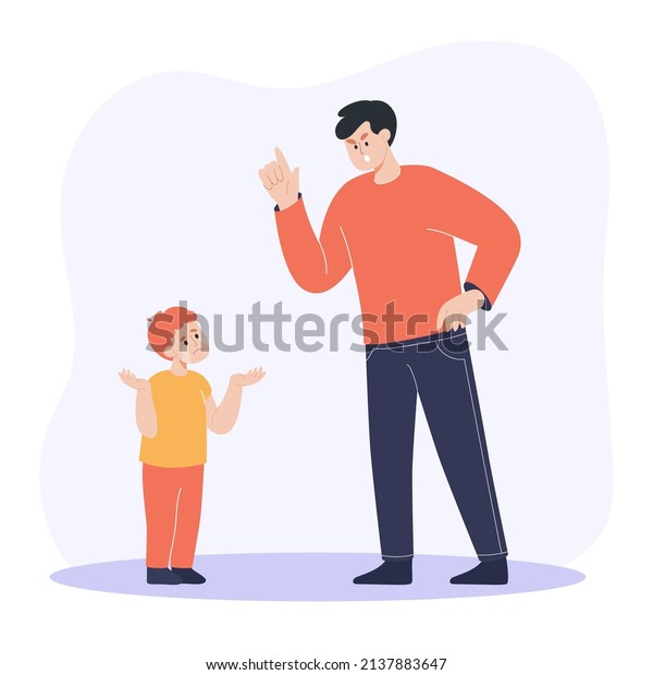 Angry\
father screaming at crying son flat vector illustration. Dad\
punishing sad kid for breaking rules or bad behavior. Parent having\
conflict with child. Abuse, relationship\
concept