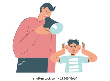 Angry father screaming through megaphone scolding his scared son, flat vector illustration. Father and son conflict, parent and child relationship.