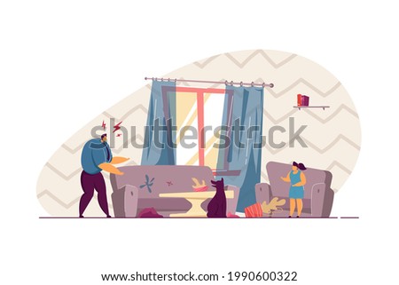 Angry father shouting at dog for making mess. Damaged sofa, plant on floor, girl defending animal flat vector illustration. Pets, family concept for banner, website design or landing web page