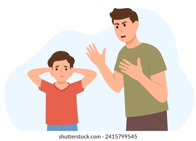 Angry Father Shouting at his son. Kid covering ears from aggression. Domestic Violence And Unhappy Childhood, Family Problem And Bad Relationship.Vector illustration 