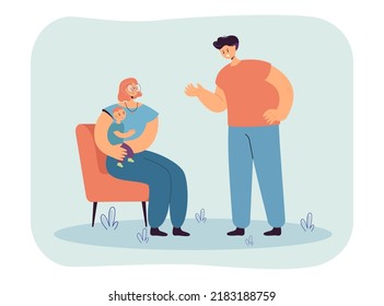 Angry Father Talking To Mother Holding Little Son On Chair. Aggressive Husband Arguing With Scared Wife Flat Vector Illustration. Family, Conflict, Relationship, Domestic Abuse Concept For Banner