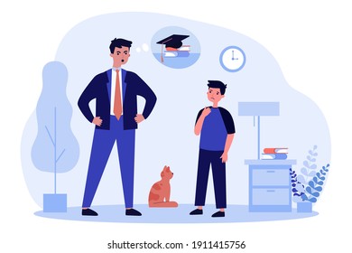 Angry father talking with son about poor study. School, pupil, dad flat vector illustration. Family upbringing and education concept for banner, website design or landing web page