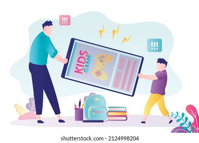 Angry father tries to take away teenager's mobile phone. Ban on games on smartphone. Restriction on use of gadgets. Parental control concept. Games interfere with learning. Flat vector illustration