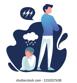 Angry Father Turned Away From The Child. Sad Child Sitting On The Floor.Vector Illustration In A Flat Style