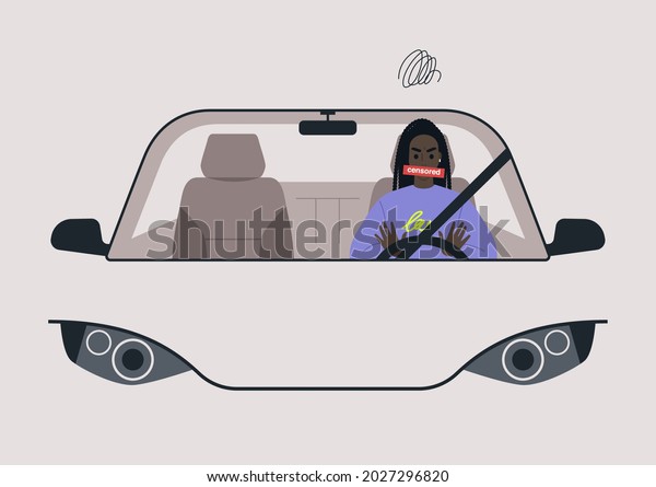 An angry female Black driver\
honking and swearing in their car, a windshield front\
view
