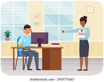 Angry female boss fires employee and points at door of office. Business concept unemployment, crisis, jobless and employee job reduction. Frightened fired guy hears about dismissal from work