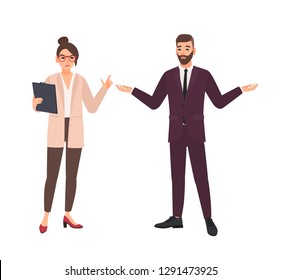 Angry female boss and male employee making excuses isolated on white background. Furious chief or director criticizing office worker. Conflict at work. Flat cartoon colorful vector illustration.