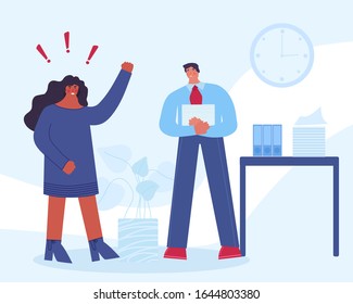 Angry Female Boss Yelling At Employee. The Worker Is Scared. Harassment In The Workplace. Vector Illustration