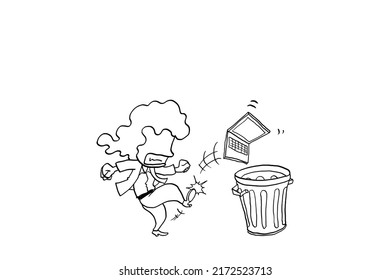 Angry female business woman kicking out laptop to trash can. Stress concept. Cartoon vector illustration design