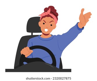 Angry Female Character in the Car. Agitated Woman In Auto, Yelling And Arguing While Driving, Displaying Signs Of Anger Or Frustration On The Road. Cartoon People Vector Illustration