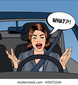 Angry Female Driver. Aggressive Woman Driving Car. Pop Art. Vector Illustration