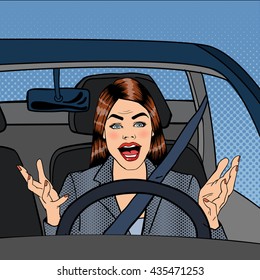 Angry Female Driver. Aggressive Woman Driving Car. Pop Art. Vector Illustration