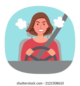 Angry female driver in flat design. Road rage concept vector illustration. 