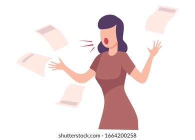 Angry Female Office Worker Character Yelling, Pointing with Her Finger, Paper Documents Flying Around Her Flat Vector Illustration