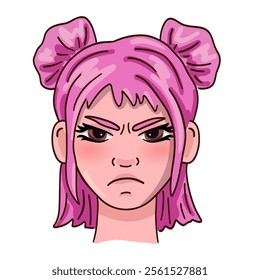 Angry female person face with pink hair. Vector illustration.