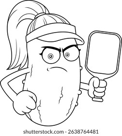 Angry Female Pickleball Pickle Mascot Character Holding Paddle – Black And White Vector Hand Drawn Illustration Isolated On Transparent Background
