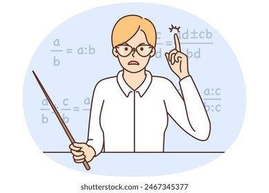 Angry female teacher in glasses with pointer in hands shout and yell in class. Furious woman tutor lecture and scold and lesson in classroom. Vector illustration.