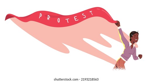 Angry Feminist Or BLM Protester Woman Holding Flag On Demonstration. Female Activist Person Character Protesting Against Rights Violation. Feminism Protest Movement, Activism Flat Vector Illustration