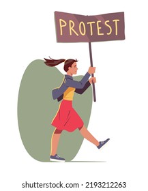 Angry Feminist Protester Woman Walking Carrying Placard On Demonstration. Female Activist Person Character Protesting Against Rights Violation. Feminism Protest, Woman Power Flat Vector Illustration