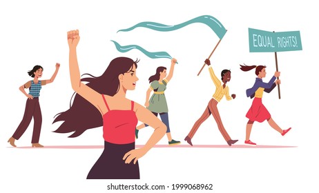 Mujeres manifestantes feministas enfurecidas cargando pancartas, banderas en la manifestación. Activistas mujeres protestan entre la multitud contra la violación de los derechos. Protesta feminista, ilustración vectorial plana de poder femenino