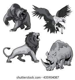 Angry and ferocious rhino in zoo and dangerous or belligerent hawk or falcon, eagle hunting for prey, roaring grizzly horribilis bear raising claw and savannah terrifying feline lion in cartoon style.