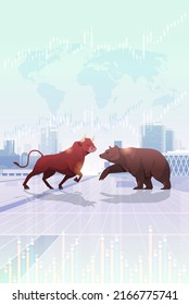 angry fighting bull and bear in attacking pose dangerous mammal animals market trend stock exchange trading