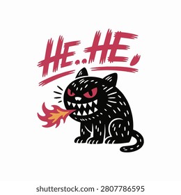 Angry Fire Breathing Black Cat Cartoon HE HE Vector Illustration
