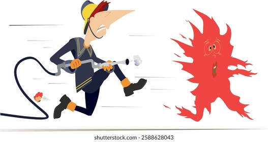 An angry firefighter with a hose in his hands chases a terrified fire.
Firefighter in action. Frightened cartoon fire running away from an angry firefighter holding hose
