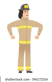 Angry firefighter in uniform screaming. Full length of angry firefighter clenching fists. Angry firefighter shouting with raised fists. Vector flat design illustration isolated on white background.
