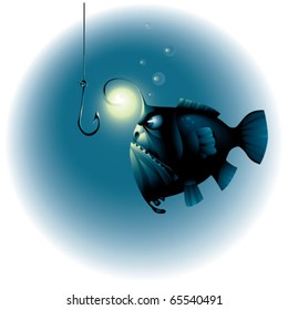angry fish looks at the fish hook