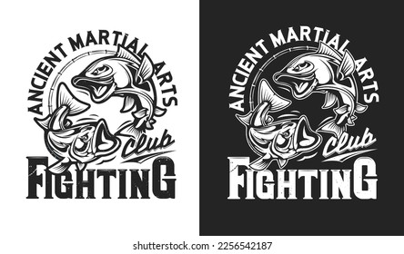 Mascota de peces enojada, estampado de camisetas del club deportivo de lucha, emblema vectorial de artes marciales. Karate, Taekwondo o kickboxing muay tailandés y la insignia de combate Jiujitsu o judo para el signo del club deportivo con lema