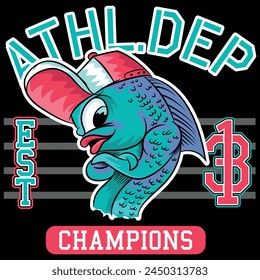 Angry fish mascot, fighting sport club t-shirt print, martial arts vector emblem. Karate, Taekwondo or muay thai kickboxing and Jiujitsu or judo combat badge various sports type skate for sport.