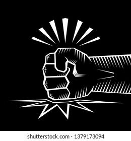 Angry Fist on table vector icon. Anger or aggression concept. White Silhouette Fist hitting table. fight for your rights illustration