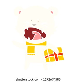 angry flat color style cartoon polar bear with christmas present