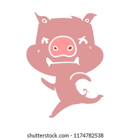 angry flat color style cartoon pig charging