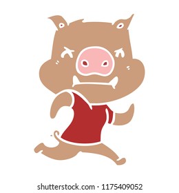 angry flat color style cartoon pig running