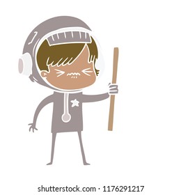 angry flat color style cartoon space girl waving flag