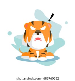 angry Flat wild orange tiger cartoon funny and cute with various expression and emotion in blue background white for children and kid in kindergarten