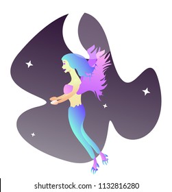 Angry flying fairy,sorceress,girl in full growth. Modern flat cartoon vector illustration icons. Isolated on white background. hairstyle women. Girl in sky,moon,stars,night.Witch with wings. Halloween
