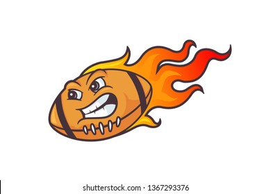 Angry football ball mascot face burning on fire flames vector cartoon illustration