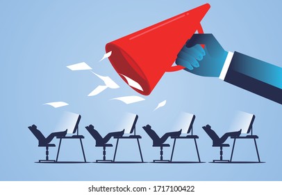 Angry foreman holding megaphone to urge lazy employees to work quickly